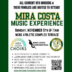 Mira Costa Music Experience on Sunday, November 5, from 11:00 AM-1:00 PM, at the MCHS Athletic Complex Terrace